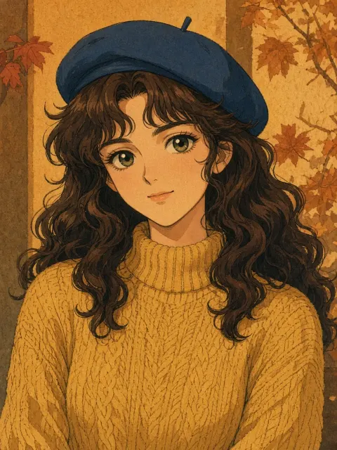 Autumn image example: Vintage Autumn Anime Girl with Beret