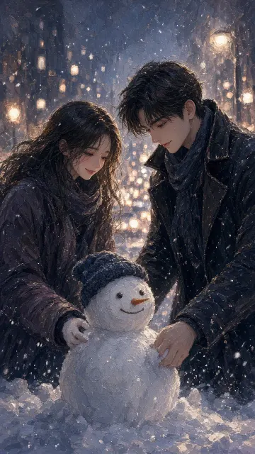 Romance image example: Impasto Anime Illustration of Couple in the Snow