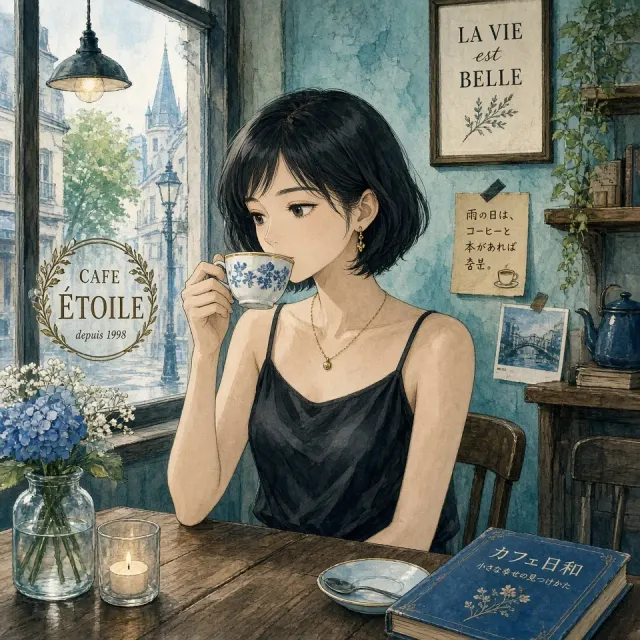 Cafe image example: Vintage Anime Girl Drinking Coffee