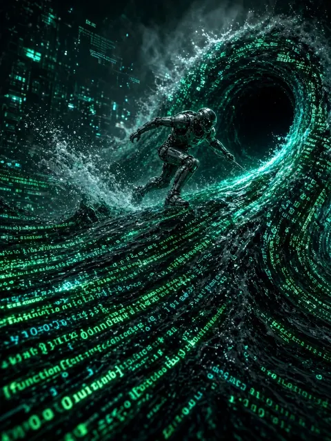 Macro Cinematic Binary Wave Robot Surfer