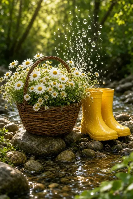 Fresh Forest Creek Still Life with Daisy Flower Basket