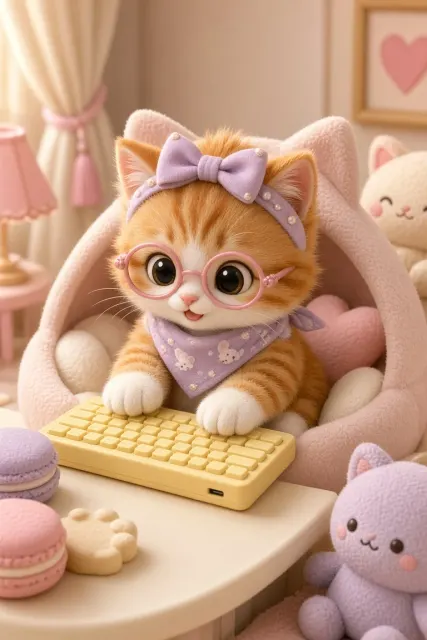 Cute 3D Chibi Orange Cat Typing at Keyboard