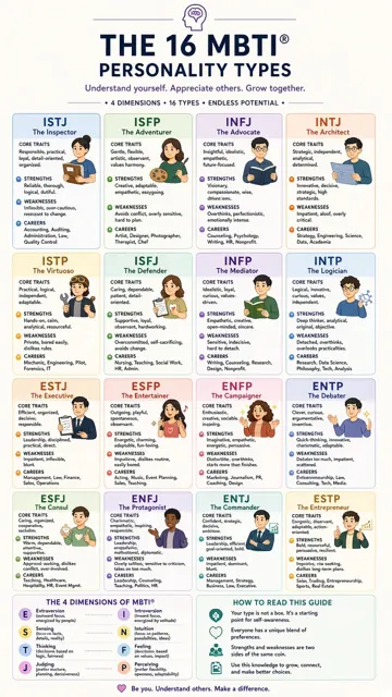 Typography image example: Flat Vector MBTI 16 Personality Types Infographic
