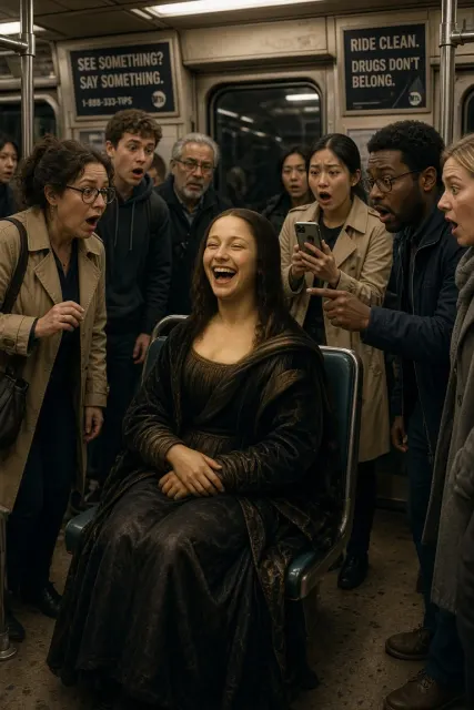 Everyday Life image example: Surreal Parody Mona Lisa Laughing on Subway