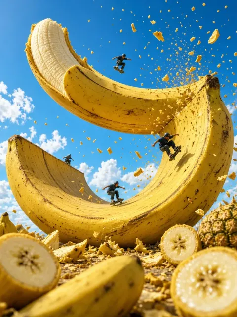 Macro Food image example: Hyper-Realistic CGI Banana Skatepark Fantasy Scene