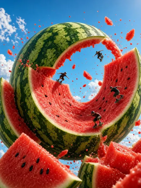 Hyper-Realistic CGI Watermelon Skatepark Fantasy Scene