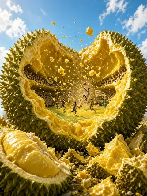 Macro Food image example: Hyper-Realistic CGI Durian Basketball Fantasy Court