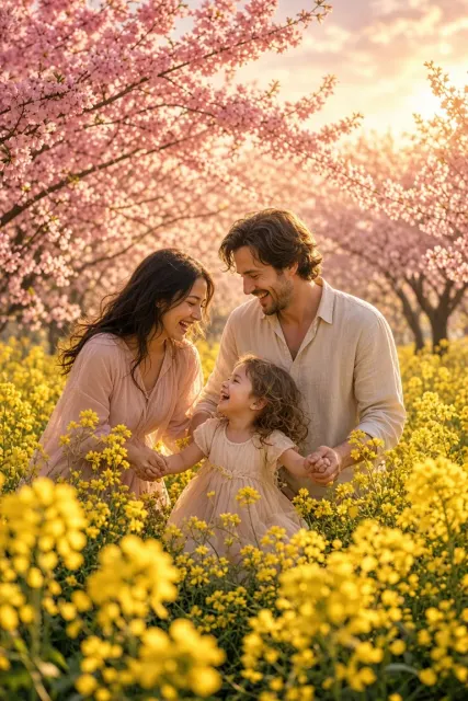 Spring Flower Meadow Backlit Family Portrait