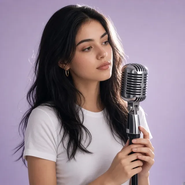 Girl with Microphone in Soft Lilac Studio
