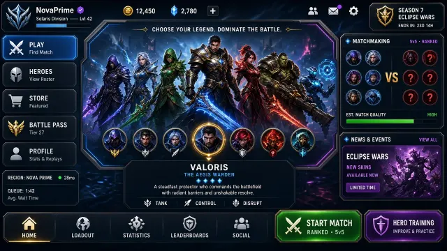 Fantasy image example: 5v5 MOBA Hero Roster Game Interface