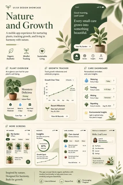 UI Interface image example: Nature and Growth Mobile UI Design Showcase