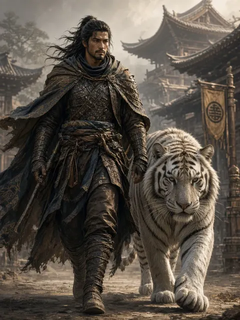 Mythical Beast image example: Ancient Warrior Strolling with White Tiger