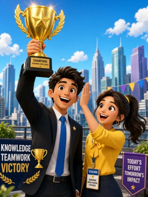 City Skyline image example: 3D Cartoon Academic Competition Victory Celebration