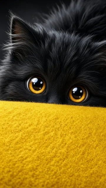 3D animation image example: Big-Eyed Black Kitten Peeking Close-Up Illustration