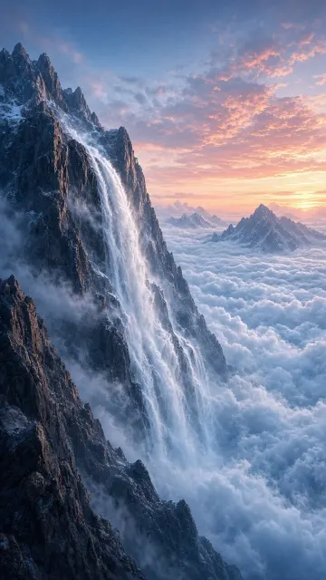 Blue Tone Waterfall Sea of Clouds Sunset Wallpaper