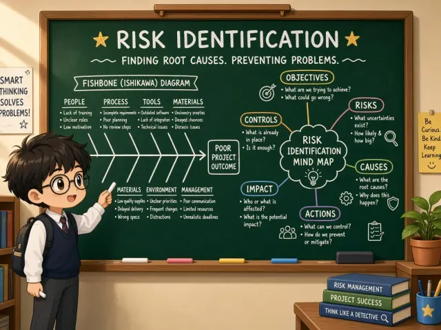 Educational image example: Cartoon Boy at Blackboard Fishbone Diagram