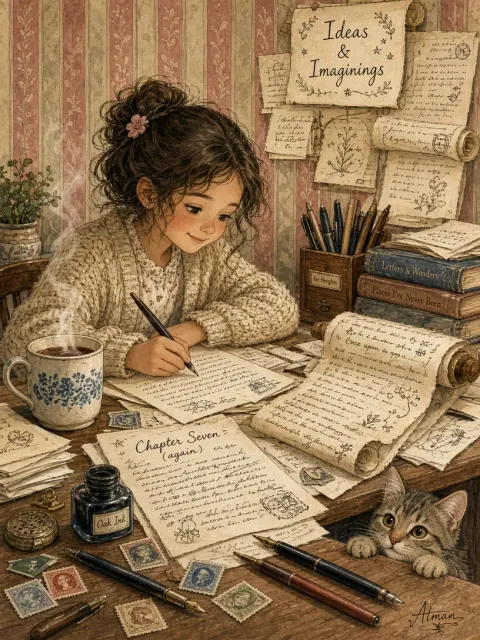 Cozy Writer Desk Storybook Illustration