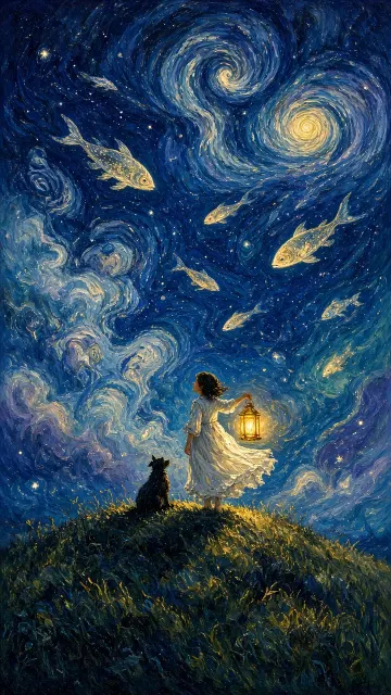 Van Gogh Style image example: Starry Night Lantern Girl Oil Painting