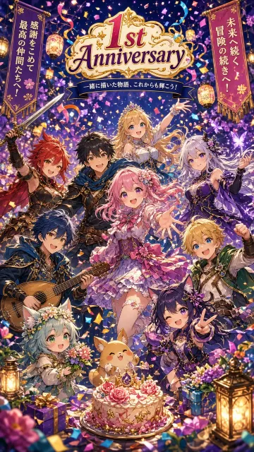 Dynamic Composition image example: Anime Anniversary Ensemble Group Illustration