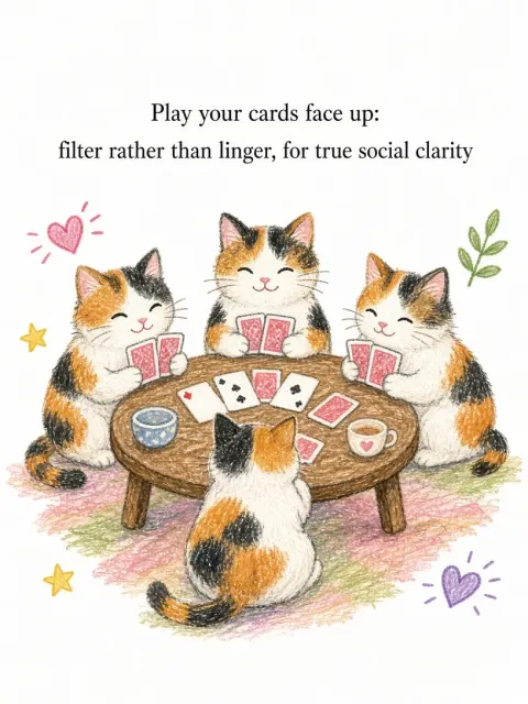 Healing Crayon Art Calico Cats Playing Poker Illustration