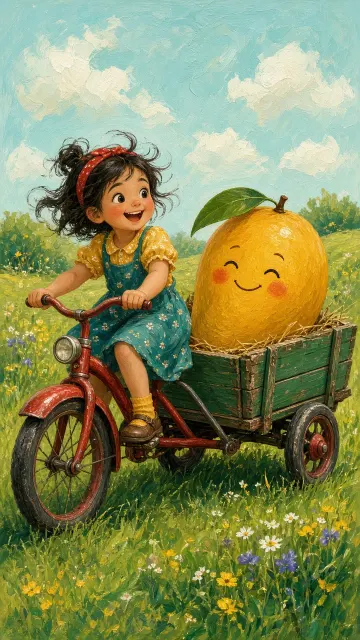 Children Storybook Illustration Girl Riding Tricycle with Mango