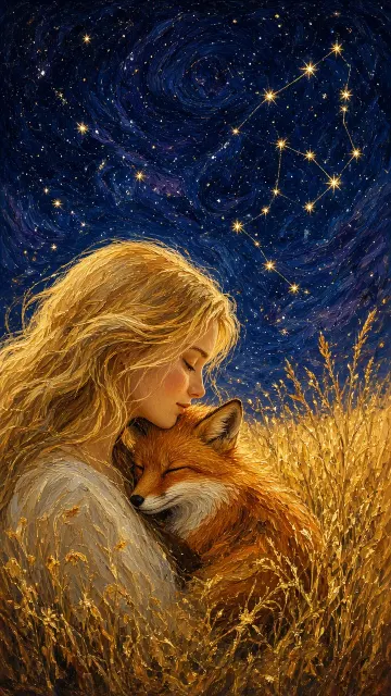 Golden-Haired Maiden and Fox Under Starlit Sky