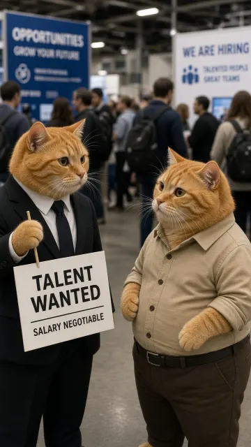 Humorous Art image example: Anthropomorphic Ginger Cats Job Fair Scene