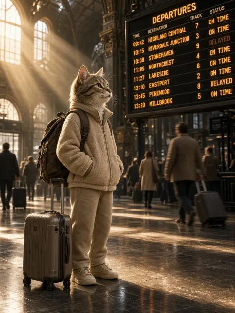 Volumetric Light image example: Anthropomorphic Cat in Train Station Terminal