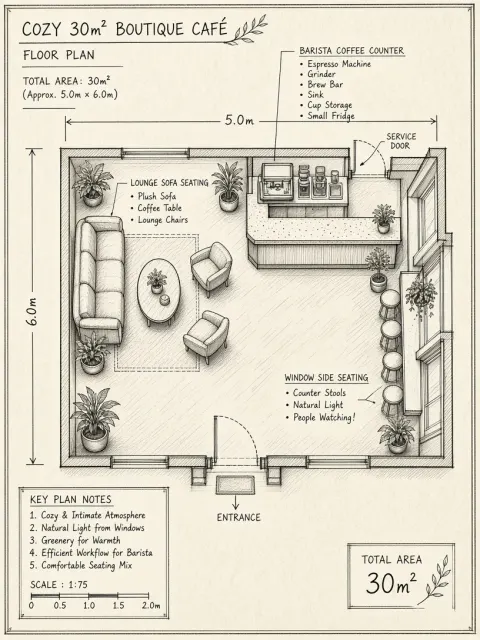 Architectural Layout image example: Hand-Drawn Line Art Cafe Floor Plan
