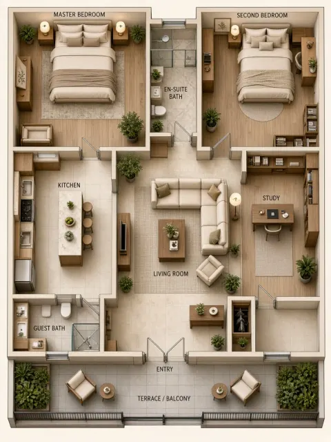 Interior Design image example: Cream-Style Three-Bedroom Apartment Layout Plan