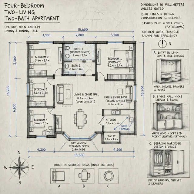 Technical Drawing image example: Hand-Drawn Four-Bedroom Floor Plan Blueprint