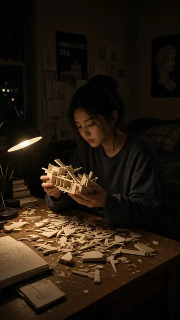 Cinematic Scene image example: Night Dormitory Broken Thesis Model Storyboard