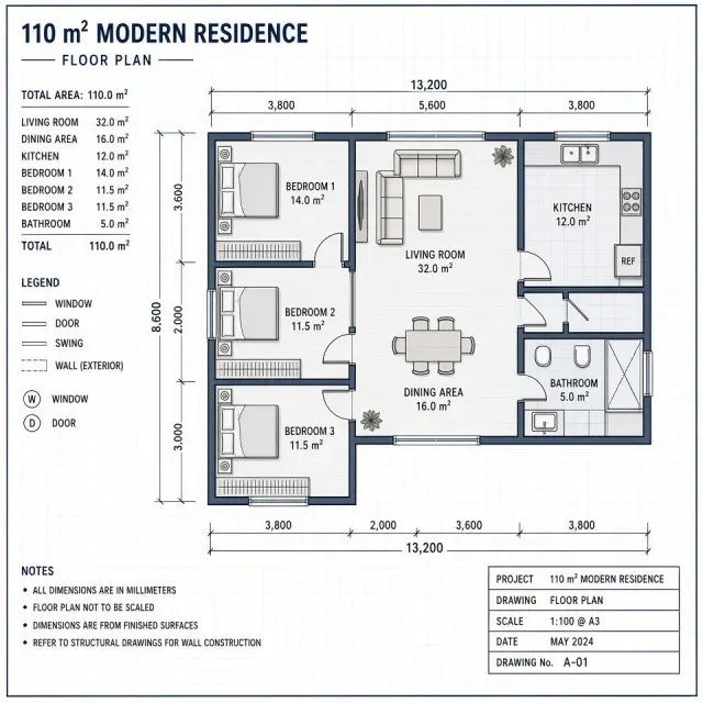 Technical Drawing image example: CAD Three-Bedroom Apartment Blueprint Layout