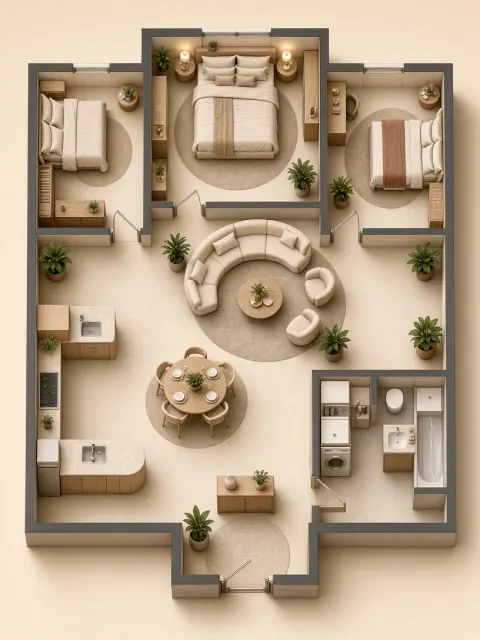 Warm Tone image example: Cream-Style Three-Bedroom Top-Down Floor Plan