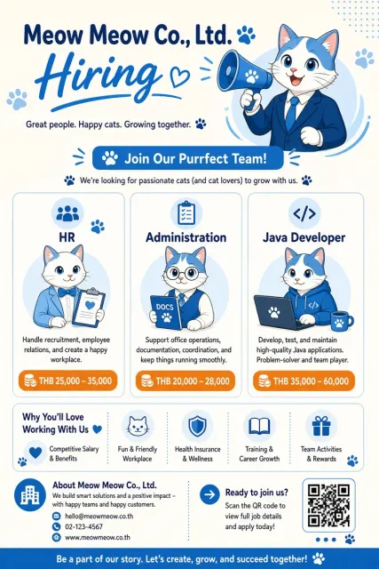 Typography Layout image example: Cartoon Cat Recruitment Poster in Blue and White