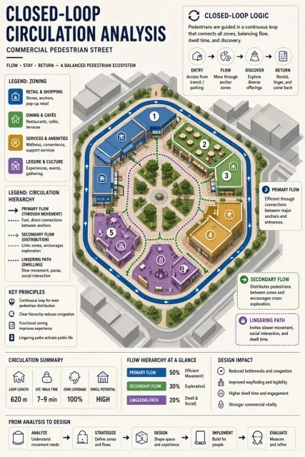 Grid Layout image example: Color-Blocked Pedestrian Street Circulation Analysis
