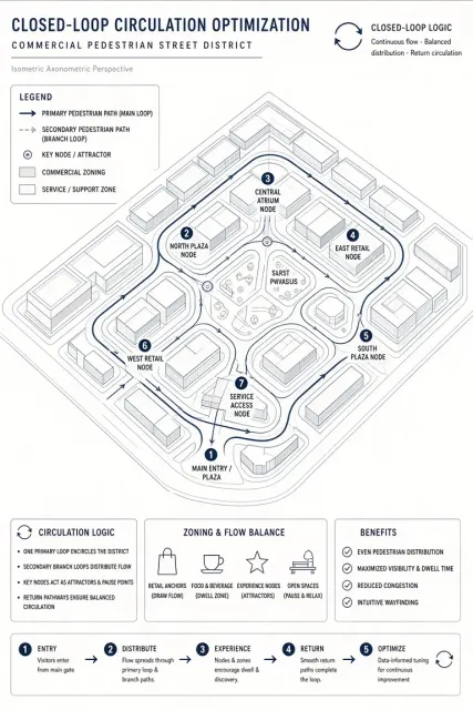 Urban Planning image example: Isometric Single-Line Pedestrian Street Circulation Diagram