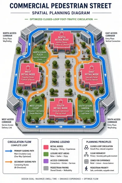 Isometric Commercial Pedestrian Street Closed-Loop Flowchart