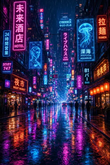 Cyberpunk Night Market Streetscape Panorama