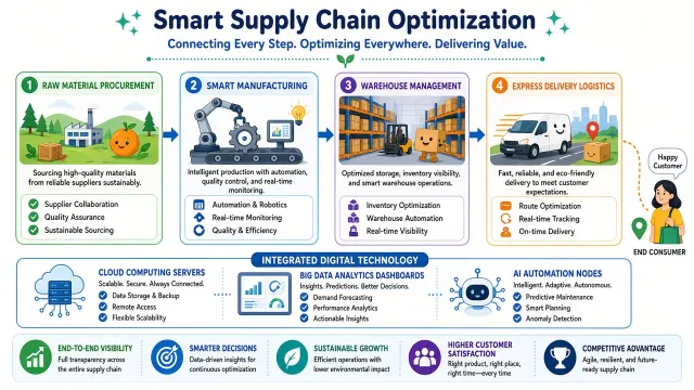 Tech Concept image example: Flat Vector Cartoon Supply Chain Infographic