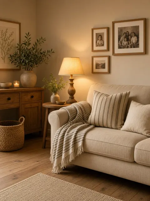 E-Commerce Mockup image example: Cozy Warm-Toned Living Room Interior with Sofa and Lamp