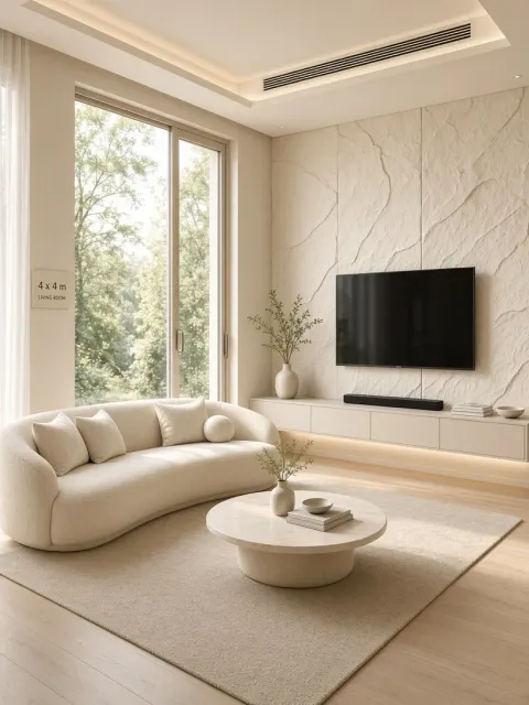 Spacious Cream Style Living Room Interior Render