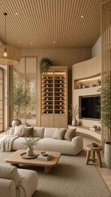 Wood Texture image example: Fresh Natural Wood Style Living Room with Wine Cabinet