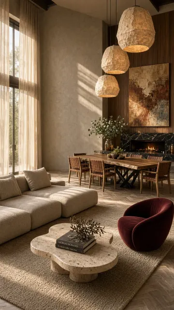 Architectural Interior image example: Italian Quiet Luxury Open Living and Dining Room Render