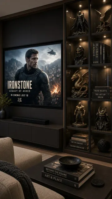 Living Room image example: TV Console Glass Cabinet with Collectibles