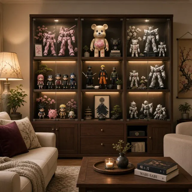 Glass image example: Warm Lit Living Room Anime Figurine Display Cabinet