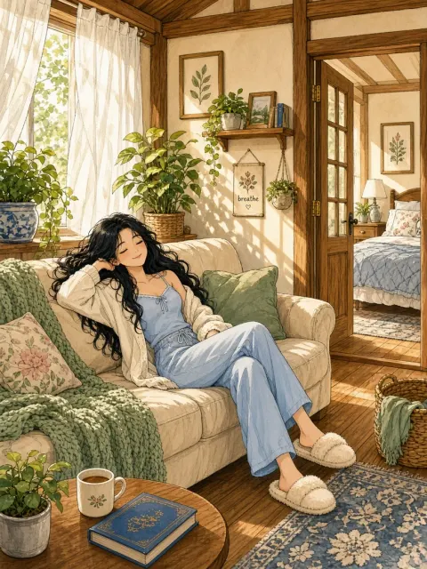 Anime Art image example: Hand-Drawn Flat Color Afternoon Living Room Illustration