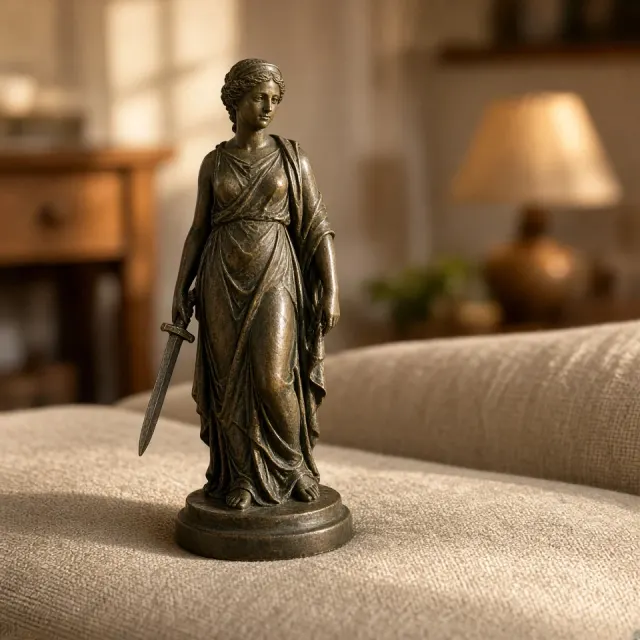 Sculpture image example: Antique Bronze Figurine on Linen Sofa