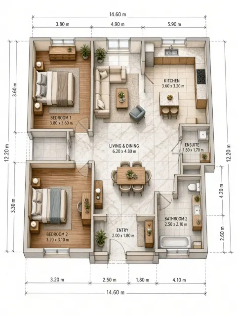 Photorealism image example: Hand-Drawn 3D Aerial Floor Plan