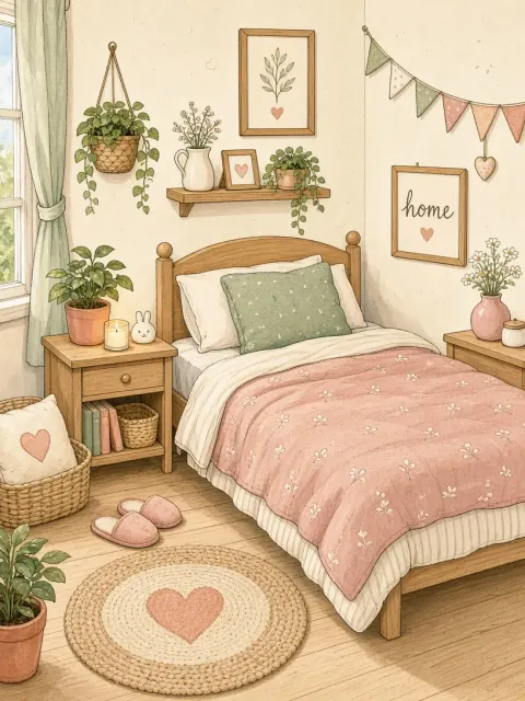 Cozy Bedroom image example: Hand-Drawn Minimalist Cozy Bedroom Illustration